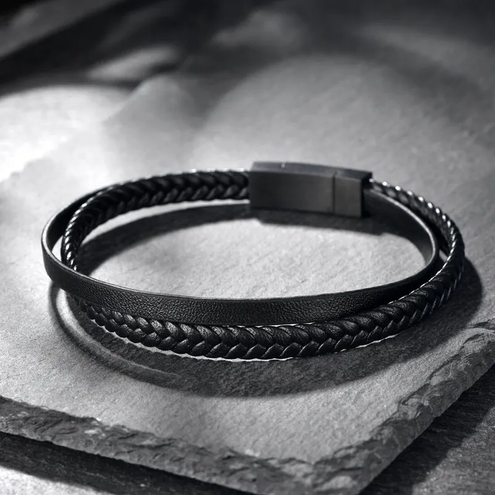 Minimalist Twin Layer Leather Mens Bracelet In Black With Magnetic Clasp