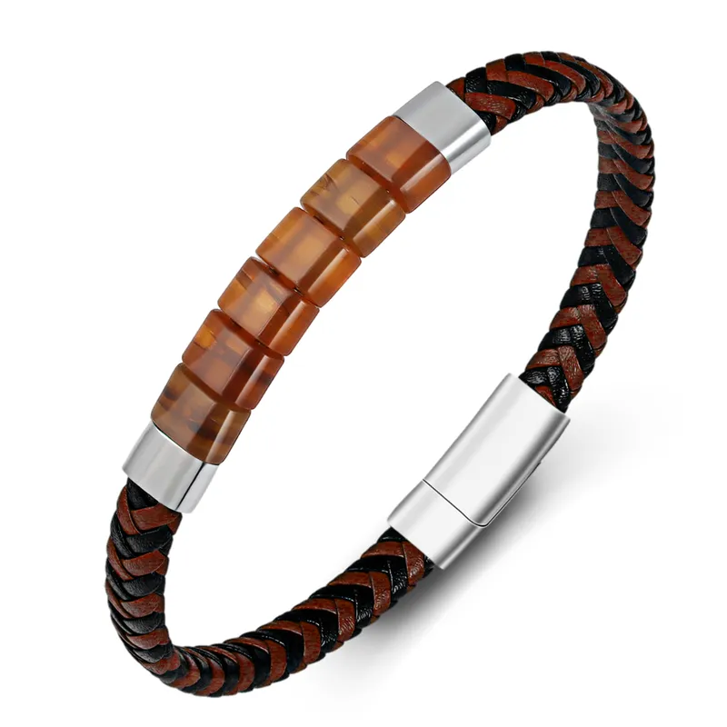 Mens Grey And Brown Leather Rope Bracelet With Beaded Details