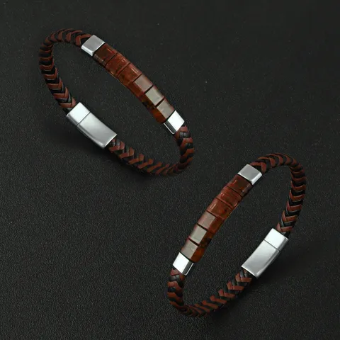 Mens Grey And Brown Leather Rope Bracelet With Beaded Details