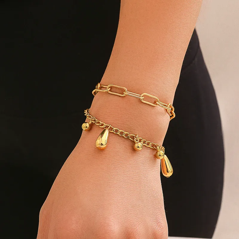 Gold Plated Water Droplet And Chain Link Layered Bracelet