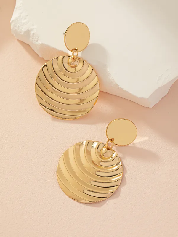 Gold Plated Round Drop Earrings With Textured Disc