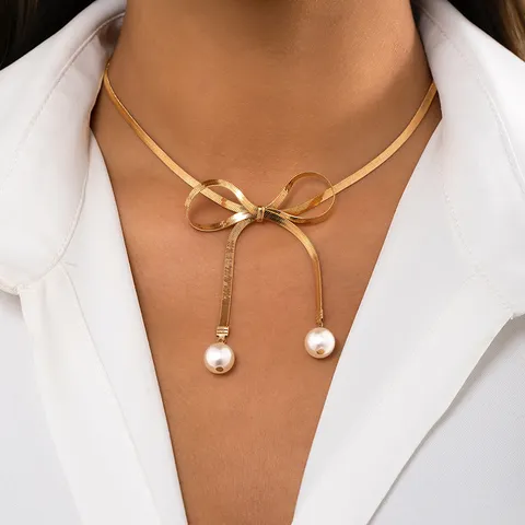 Gold Plated Bow Knot Necklace With Faux Pearl Pendant