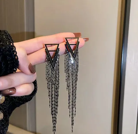 Black Rhinestone Long Tassel Earrings