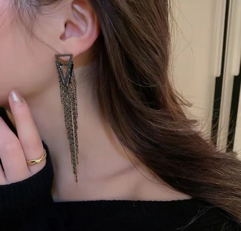 Black Rhinestone Long Tassel Earrings