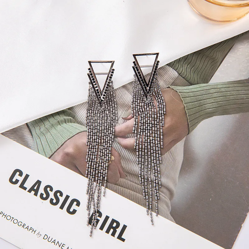 Black Rhinestone Long Tassel Earrings