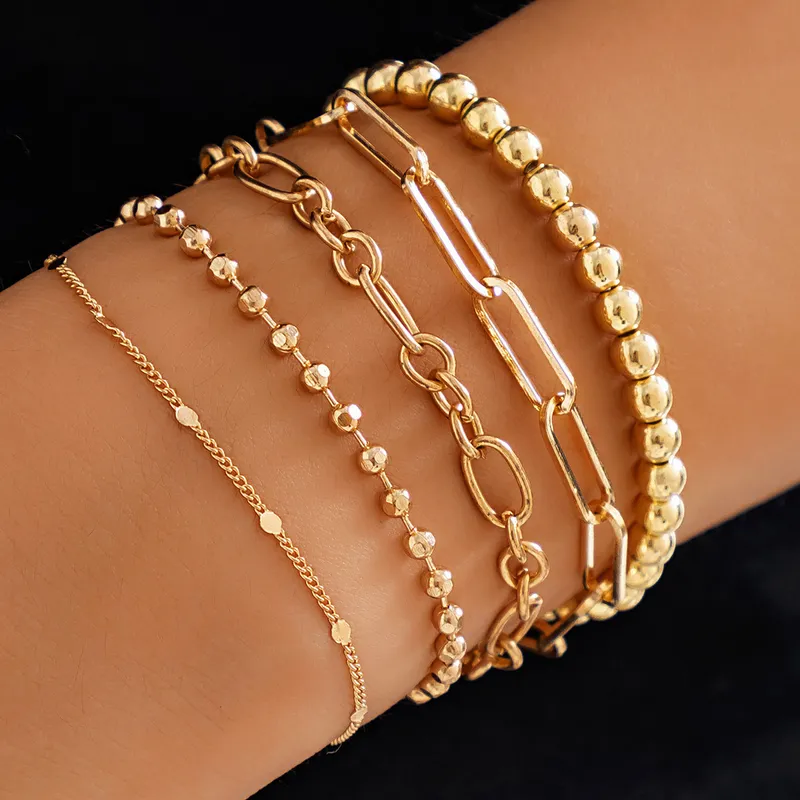 Gold Plated 5 Layer Beads, Chain Link And Paper Clip Bracelet Set.
