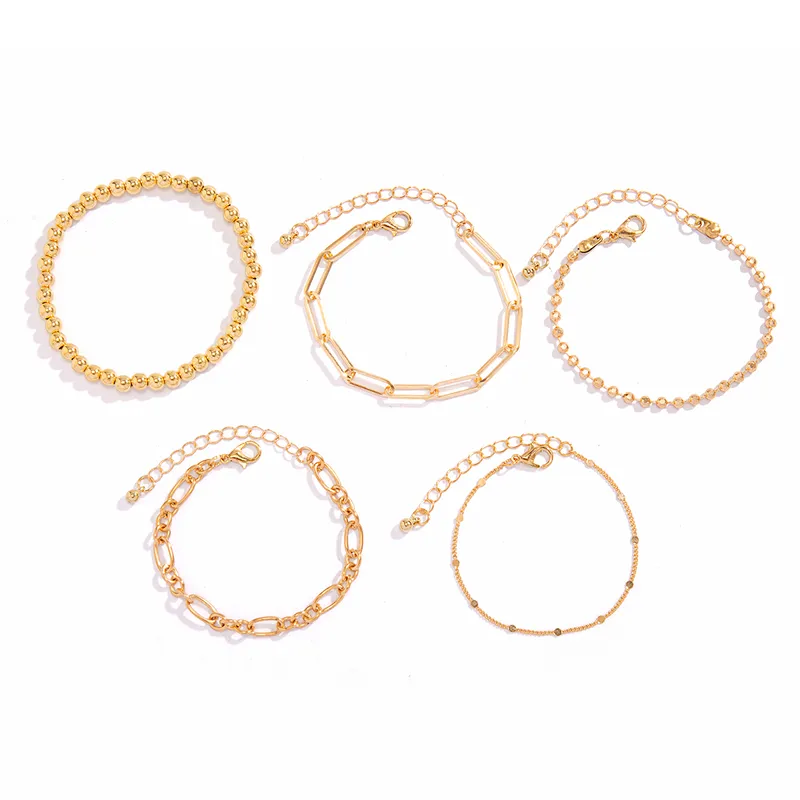 Gold Plated 5 Layer Beads, Chain Link And Paper Clip Bracelet Set.