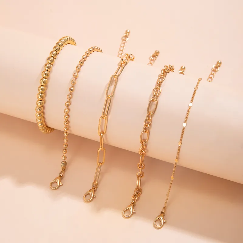 Gold Plated 5 Layer Beads, Chain Link And Paper Clip Bracelet Set.