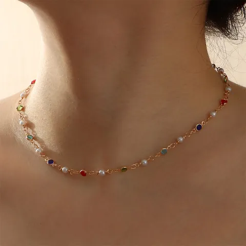 Gold Plated Necklace Choker With Multi Coloured Rhinestone Detail