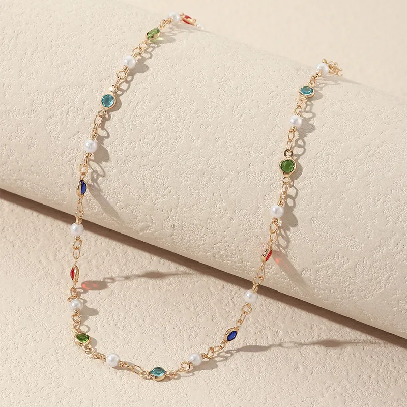 Gold Plated Necklace Choker With Multi Coloured Rhinestone Detail