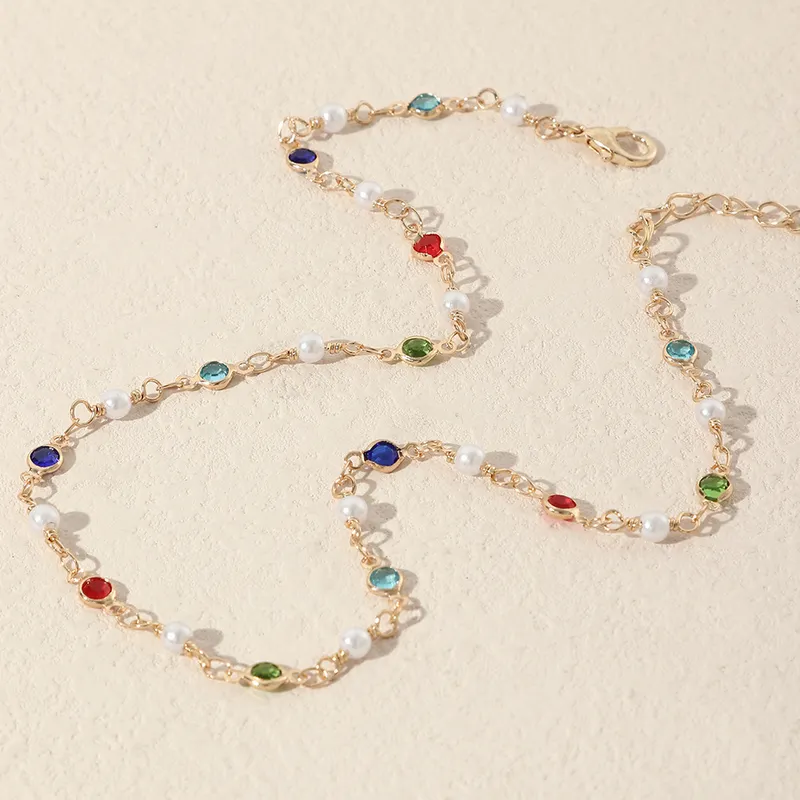 Gold Plated Necklace Choker With Multi Coloured Rhinestone Detail