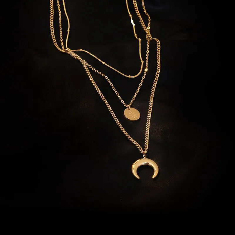 Gold Plated Triple Layer Necklace With Dual Pendants