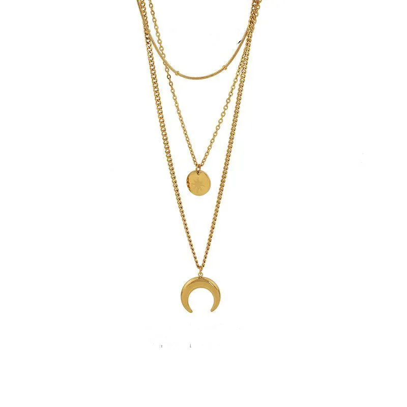 Gold Plated Triple Layer Necklace With Dual Pendants