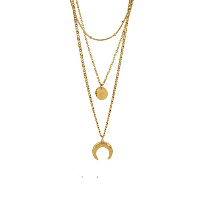 Gold Plated Triple Layer Necklace With Dual Pendants