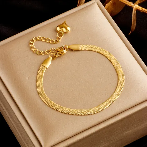 Gold Plated Herringbone Bracelet With Charm