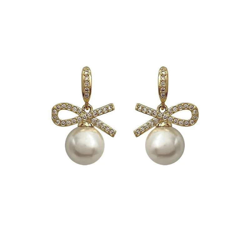Rhinestone And Pearl French Bow Earrings