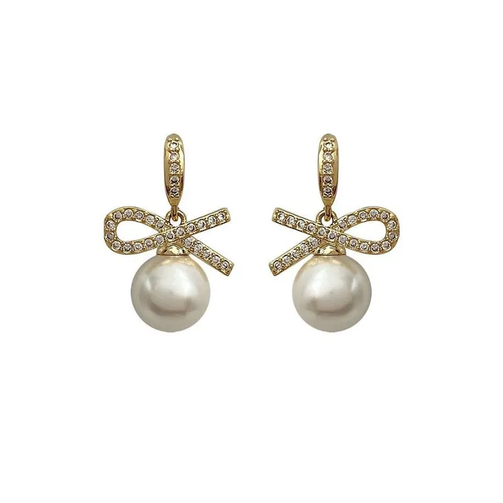 Rhinestone And Pearl French Bow Earrings