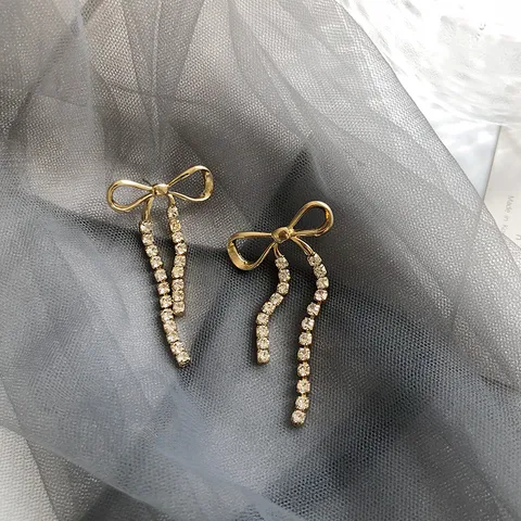 Gold And Rhinestone Drop Bow Earrings
