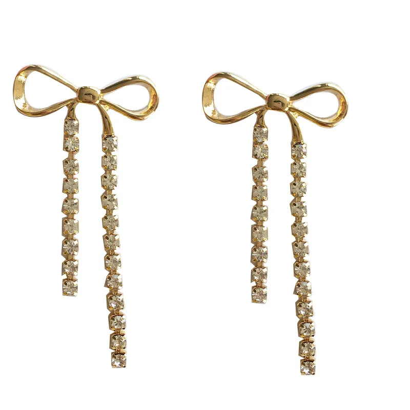 Gold And Rhinestone Drop Bow Earrings