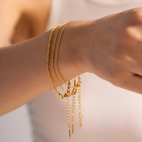 Gold Plated 3 Piece Minimalist Twist, Beads And Rope Bracelet Set