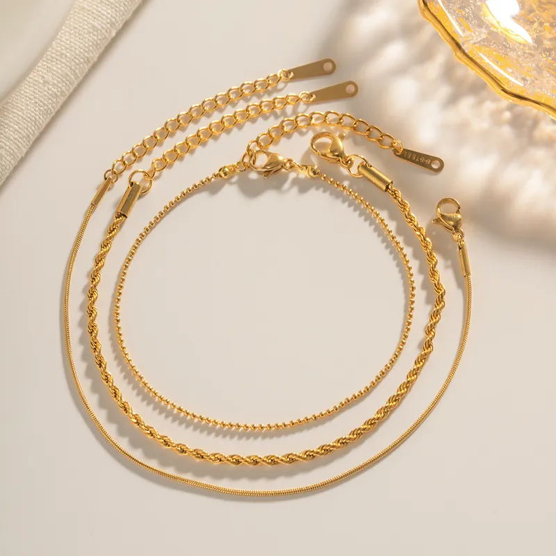 Gold Plated 3 Piece Minimalist Twist, Beads And Rope Bracelet Set