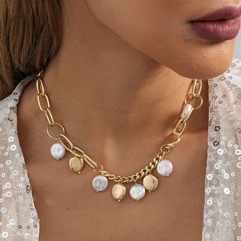Gold Plated Disc And Pearl Charm Necklace