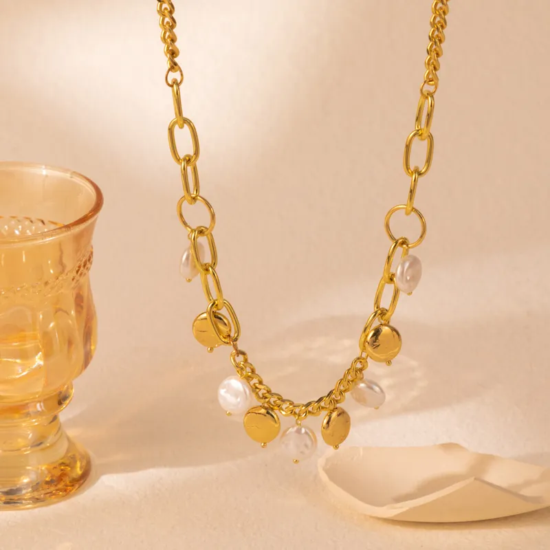 Gold Plated Disc And Pearl Charm Necklace