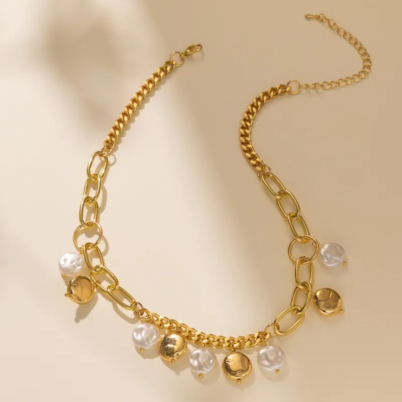 Gold Plated Disc And Pearl Charm Necklace