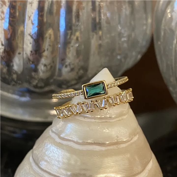 Dual Stacked Cubic Circonia And Emerald Green Ring