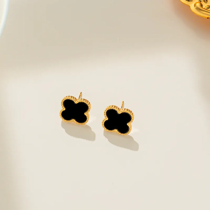 Gold plated clover motif earrings - black
