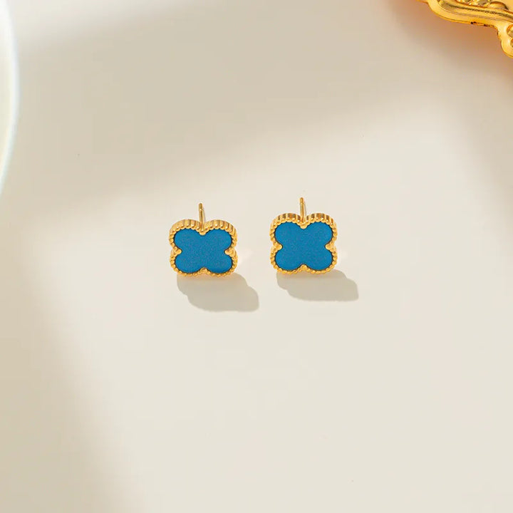 Gold plated clover motif earrings - blue