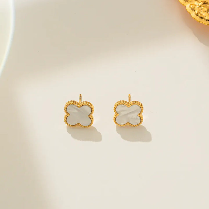 Gold plated clover motif earrings - white