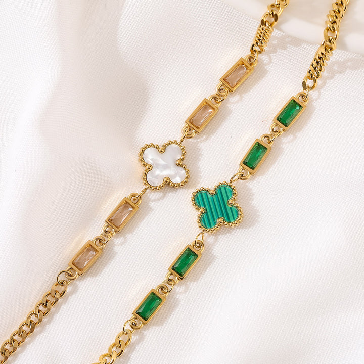 Gold plated baguette and clover bracelet - white