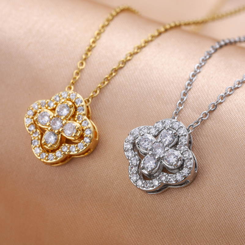 White gold plated pendant necklace with diamante clover detail