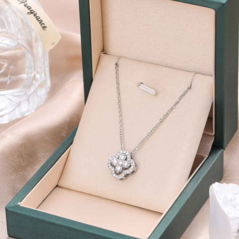 White gold plated pendant necklace with diamante clover detail